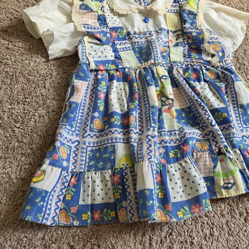 Vintage Cottagecore Peasant Dress Girls 2T Amish Floral Prairie 70s Ruffle Layer
